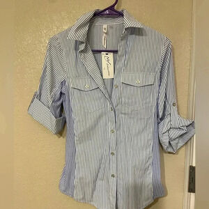 NWT VTG New York Coll. Tailored Blue White Striped Blouse Preppy Old Money S